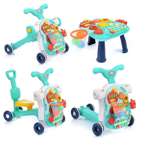 Игровой центр 4 в 1 (Ходунки, каталка, самокат, игровой столик), бирюзовый