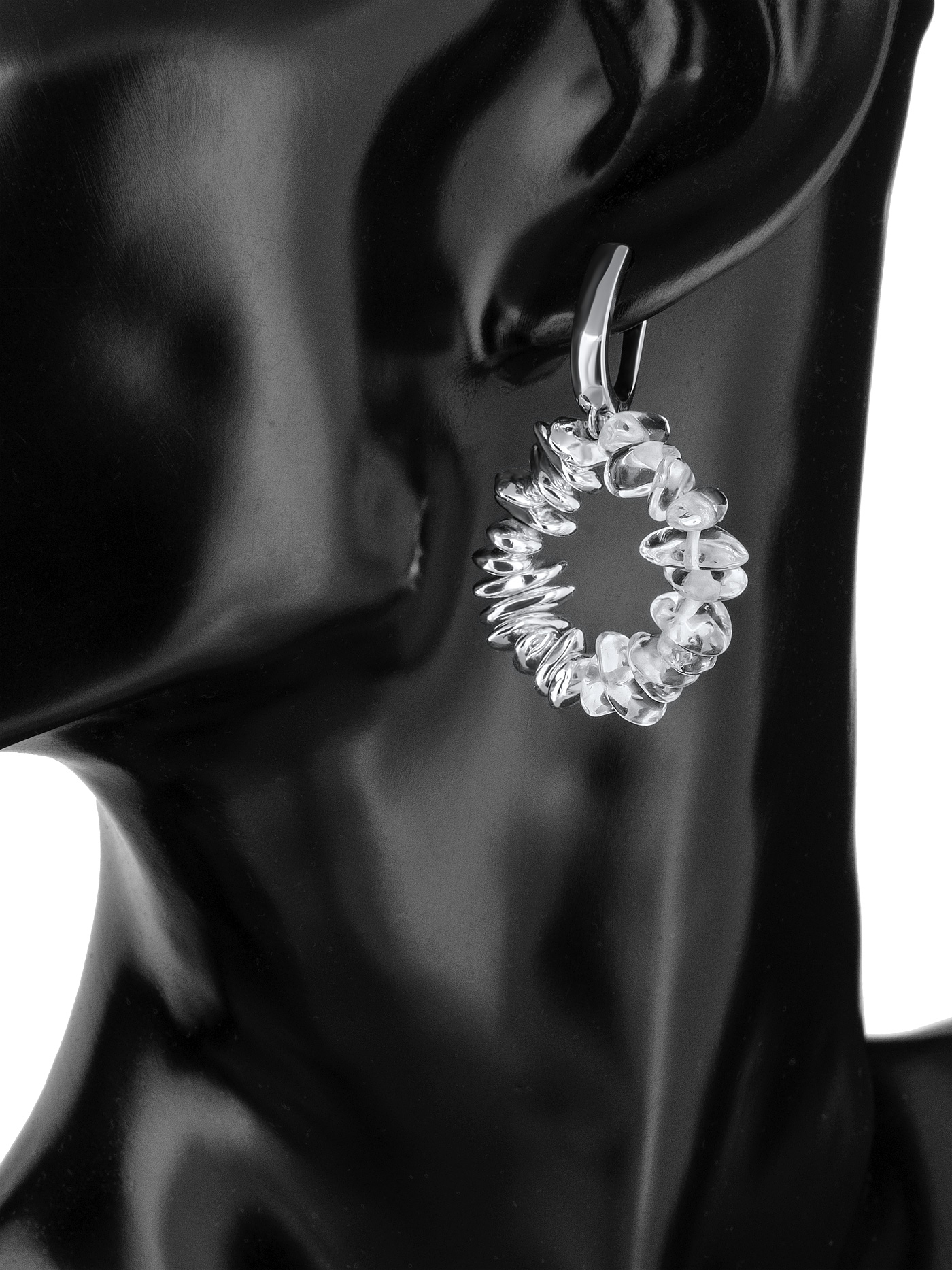 Дизайнерские круглые серьги с горным хрусталем и гематитом