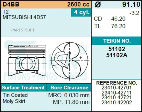 Поршень двигателя TEIKIN 51102 0.50 (4шт/упак)