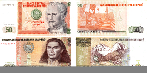 Перу. Банкноты 50,500 интис 1987 г. 2 шт. Пресс UNC