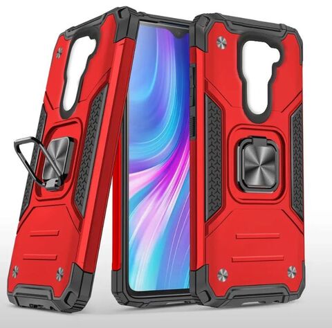 Противоударный чехол для Xiaomi Redmi Note 9 красный с пластиной для магнитного автодержателя и кольцом подставкой