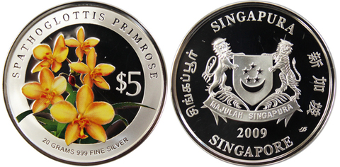 5 долларов 2009 год. Сингапур. Орхидея Spathoglottis Primrose. Серебро PROOF с цветной печатью