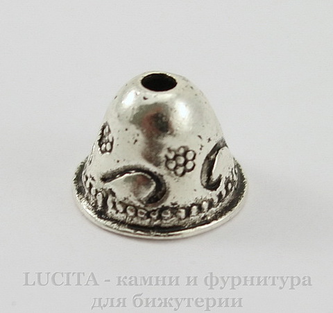 Шапочка для бусины "Колокольчик с узорами" (цвет - античное серебро) 11х9 мм