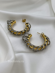Серьги кольца массивные золотистые с серебристыми колечками 