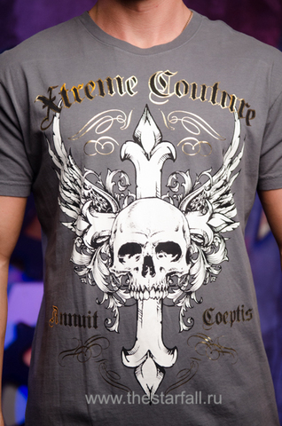 Xtreme Couture | Футболка мужская ANNUIT in grey X1724 от Affliction серая принт спереди крест, череп и крылья