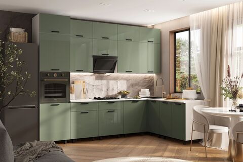 Кухня Техно 3,0х1,8/1080м Компоновка №6 (Олива глянец, Белый (Антарес))