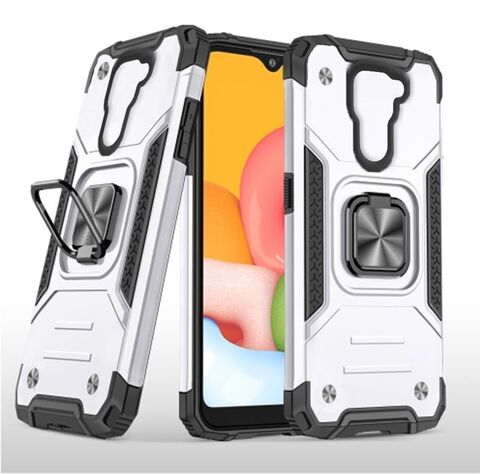 Противоударный чехол для Xiaomi Redmi Note 9 серебро с пластиной для магнитного автодержателя и кольцом подставкой