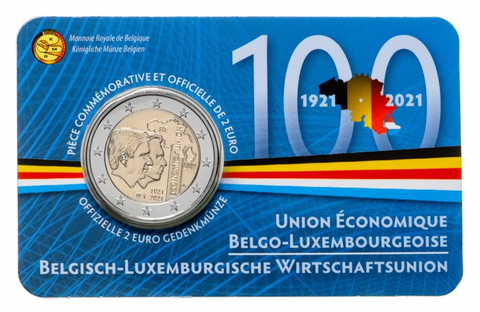 2 евро 2021 - 100-летие Бельгийско-Люксембургского экономического союза Бельгия. UNC