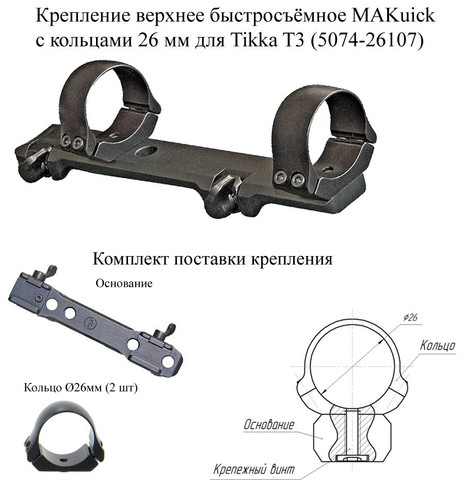 Крепление МАК для прицелов 26 мм быстросъёмное для Tikka T3 (5074-26107)