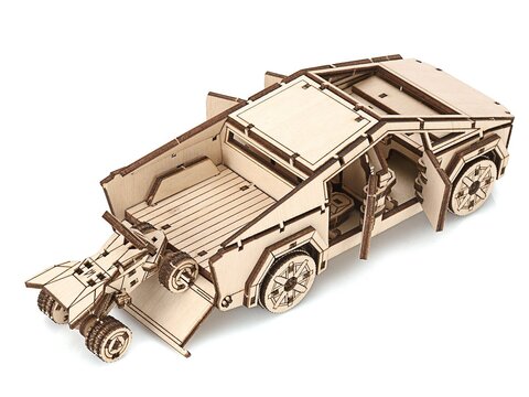 Деревянный конструктор сборная модель 3D Машина Тесла Кибер Трак Tesla Cybertruck с квадроциклом, 209 дет.
