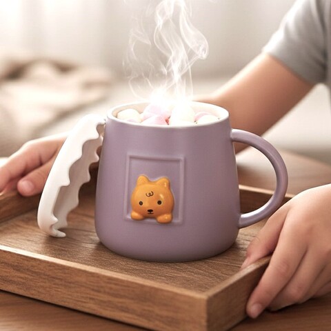 Керамическая кружка с крышкой, зеленый/фиолетовый, 400 мл