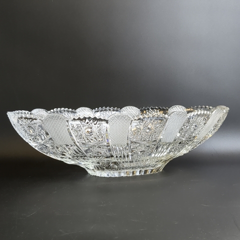 Шикарная большая хрустальная ваза в виде ладьи, алмазная грань, геометрический орнамент, матовый хрусталь, винтаж СССР 1970-1990 гг