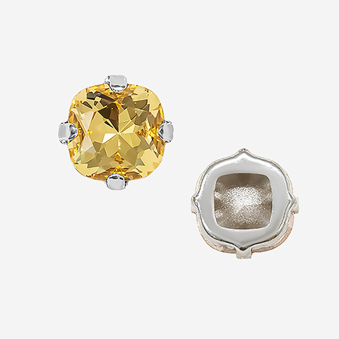 Кристалл Кушон (Сushion) в цапах, оттенок "Светлый Топаз"/"Light Topaz", 9,2мм, родирование