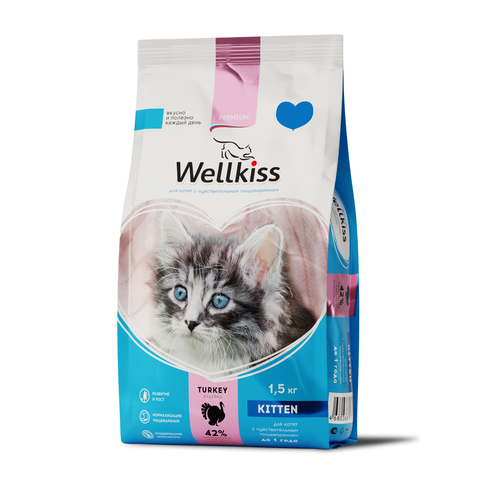 Wellkiss Kitten Delicate Корм сухой для котят с чувствительным пищеварением, с индейкой, 1,5 кг (Россия)