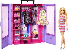 Модный шкаф с куклой Барби, одеждой и аксессуарами, сиреневый Barbie Fashionista