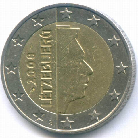 2 евро 2008 год. Люксембург. Регулярный выпуск. Тип 2. Биметалл VF-XF