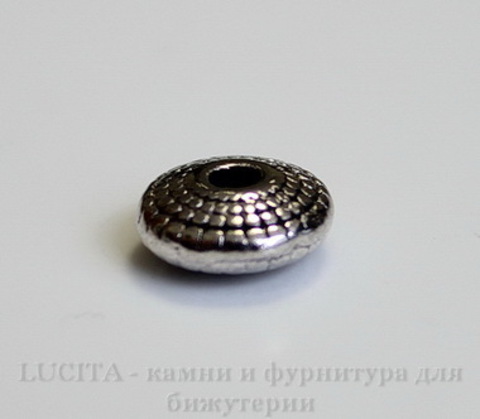 Бусина металлическая - рондель "Лучистая" 8х4 мм (цвет - античное серебро), 10 штук