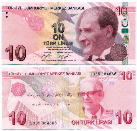 Банкнота 10 лир Турция 2009 год (С365 084666). VF-XF