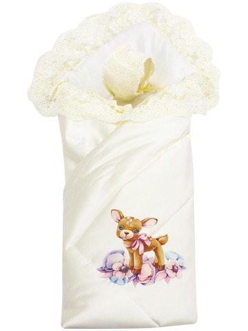 Зимний конверт-одеяло на выписку "Оленёнок" с молочным кружевом