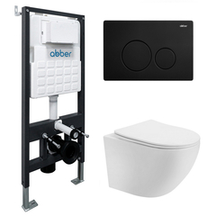Abber AC1100T-AC0105-AC0121MB Комплект подвесной унитаз Abber Bequem AC1100T белый с инсталляцией AC0105 и кнопкой AC0121MB черный матовый фото