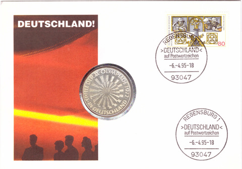 10 марок 1972 (J) XX летние Олимпийские игры в Мюнхене, (Эмблема, надпись в Германии). AU в конверте со спецгашением