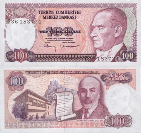 Банкнота 100 лир. 1984 г. Турция. UNC