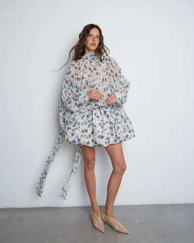 Юбка мини из тафты цветы голубой