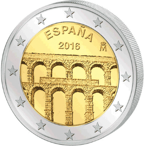 2 евро 2016 Испания - Старинный город Сеговия с римским акведуком