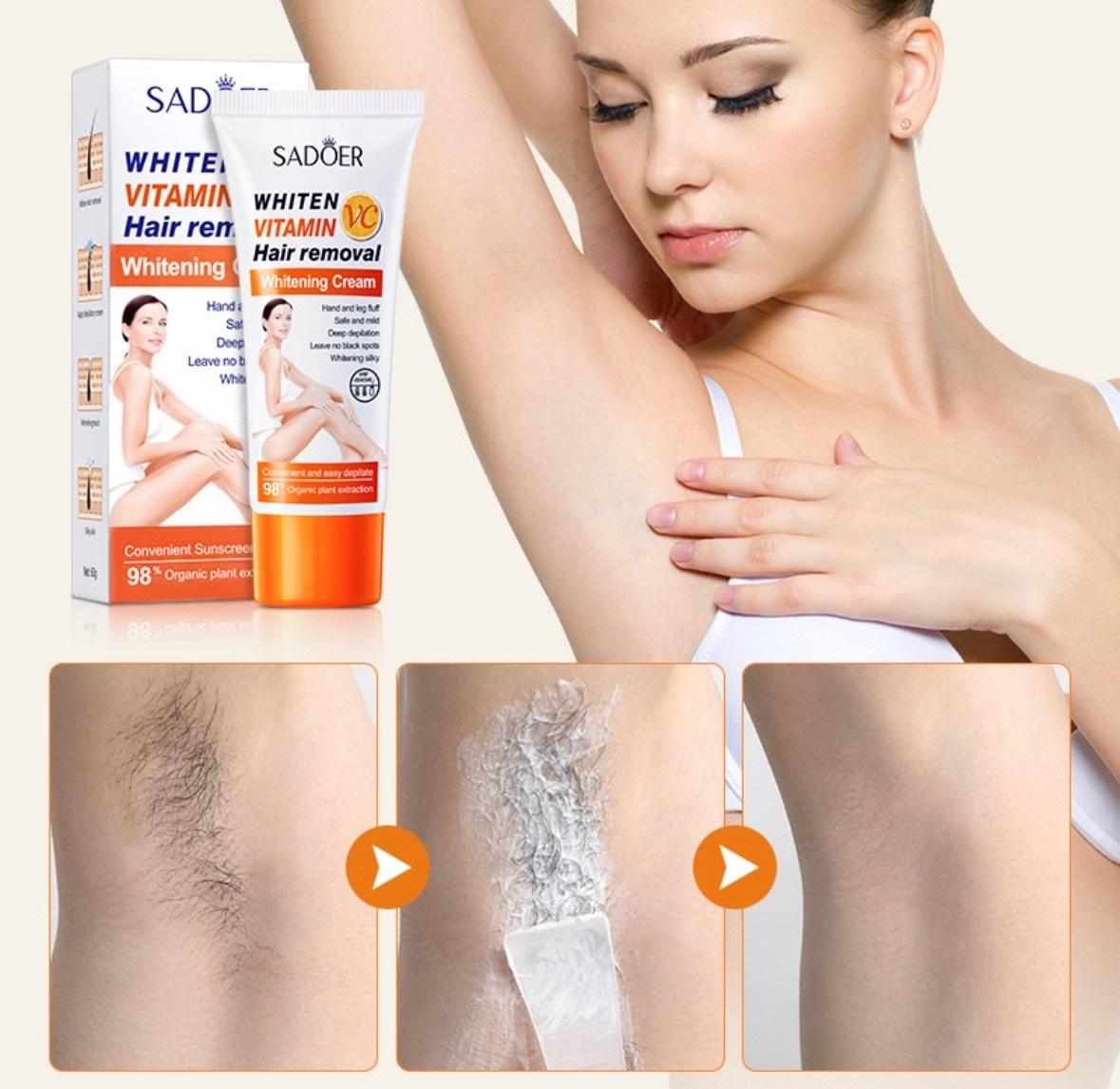 Крем для депиляции с витамином С Sadoer Hair Removal Whitening Cream -  купить по выгодной цене | Beauty Patches - патчи, маски, сыворотки