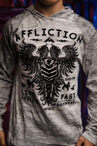 Affliction | Мужская футболка лонгслив с капюшоном VALUE FREEDOM DUSK HOOD A19743 принт спереди двуглавый орёл