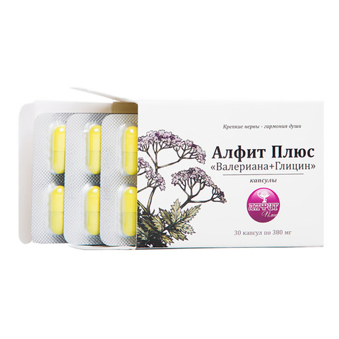 БАД Валериана+Глицин, 30 капсул по 380 мг, Алфит Плюс
