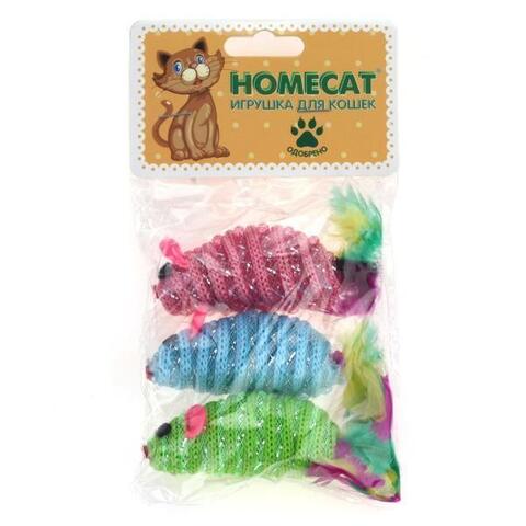 HOMECAT игрушка для кошек мышки полосатые с пером гремящие 3 шт 7 см