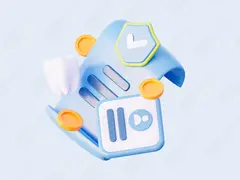 Стоматологическая страховка и биллинг — 3D иллюстрация: зуб, щит, счет и монеты