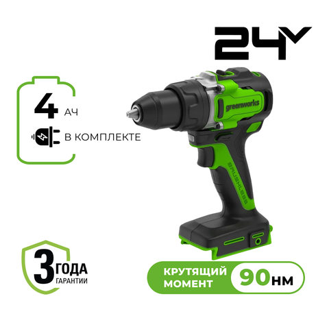 Дрель-шуруповерт акк. Greenworks GD24DD90, 24V, б/щет, 45/90Нм, 1x4Ач, ЗУ, кор (3707507CUB)