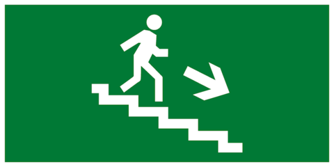 Эвакуационный знак – Направление движения к эвакуационному выходу по лестнице вниз направо