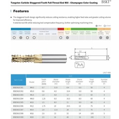 Резьбофреза М 5,0х0,8 (полн. проф, вн. рез, шахм) 2xD 48Hrc AlCrZrN 4F 60° 6х50мм BSKT BSE082C002