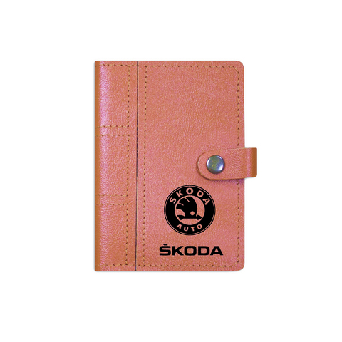 Обложка на автодокументы сложная на кнопке с кармашками "Skoda", рыжая