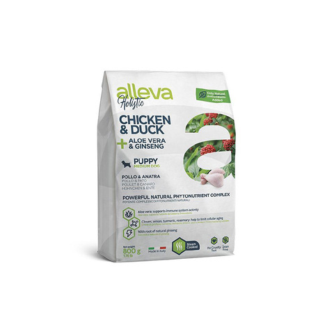 Беззерновой корм Alleva Holistic, для щенков средних пород, курица/утка/алоэ/женьшень, 800 г