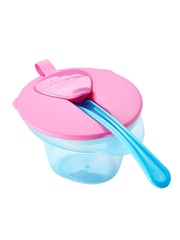 Тарелочка с отделением для охлаждения и разминания пищи с крышкой и ложечкой. (голубой-розовый)