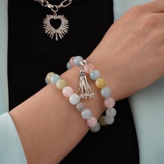 Браслет из Бериллов и латунного шарика с фианитами, silver