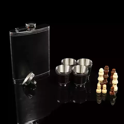 Набор 7в1 шахматы, фляжка 8 oz чёрный крокодил, 4 рюмки, воронка 3470687