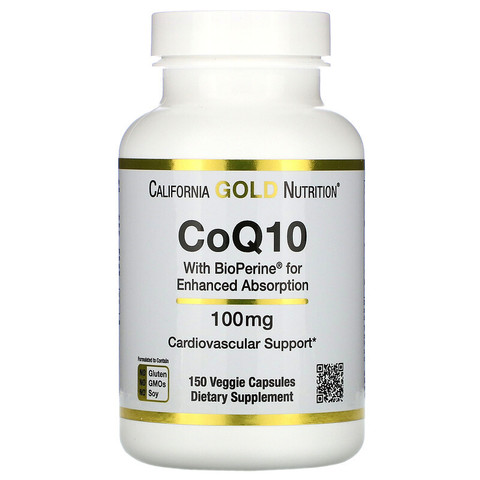 California Gold Nutrition, Коэнзим Q10 фармацевтической степени чистоты с экстрактом Bioperine, 100 мг, 150 растительных капсул