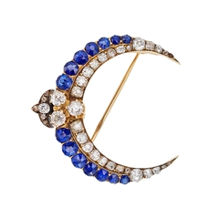 Брошь «Полумесяц» антикварная золотая 56 пробы с бриллиантами старой огранки, алмазами и природными сапфирами