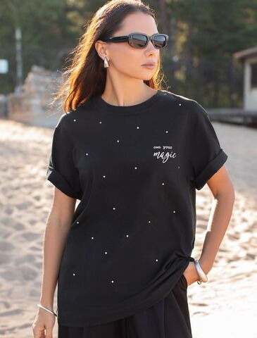 Удлиненная футболка over-size с  принтом стразами  D49.978 (113986)