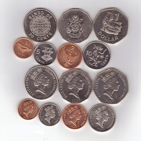 Набор из 7 монет Соломоновых островов (1, 2, 5, 10, 20 и 50 центов; 1 доллар) 2005 год. AUNC