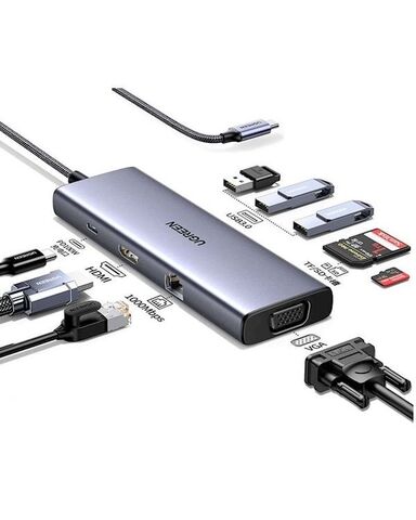 USB-хаб UGREEN CM498 USB-C to 3*USB-A TF SD VGA RJ45 HDMI PD100W, серый космос