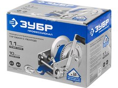 ЗУБР 1.1 т, 10 м, ручная барабанная тяговая ленточная лебедка, Профессионал (43115-1.1)