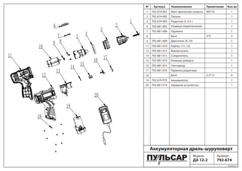 Редуктор шуруповерта ПУЛЬСАР ДА12-2 (792-674-005)