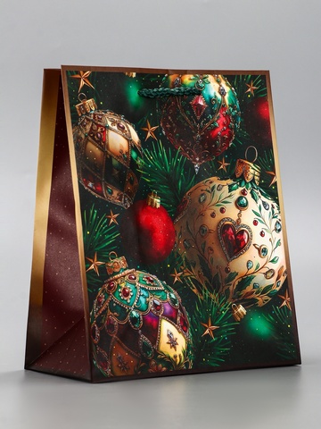 Пакет подарочный M вертикальный, «Золотые елочные шары», 26*32*12 см (Д*В*Ш), 1 шт.