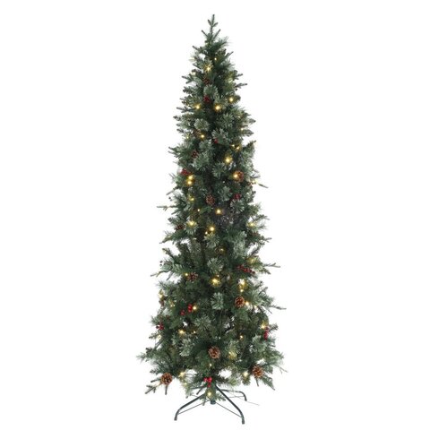 Ёлка искусств с подсвет (шишки+ягоды), D70 H210 см, 300 LED, тепл бел, 8 реж, от сети, провод 2,1м